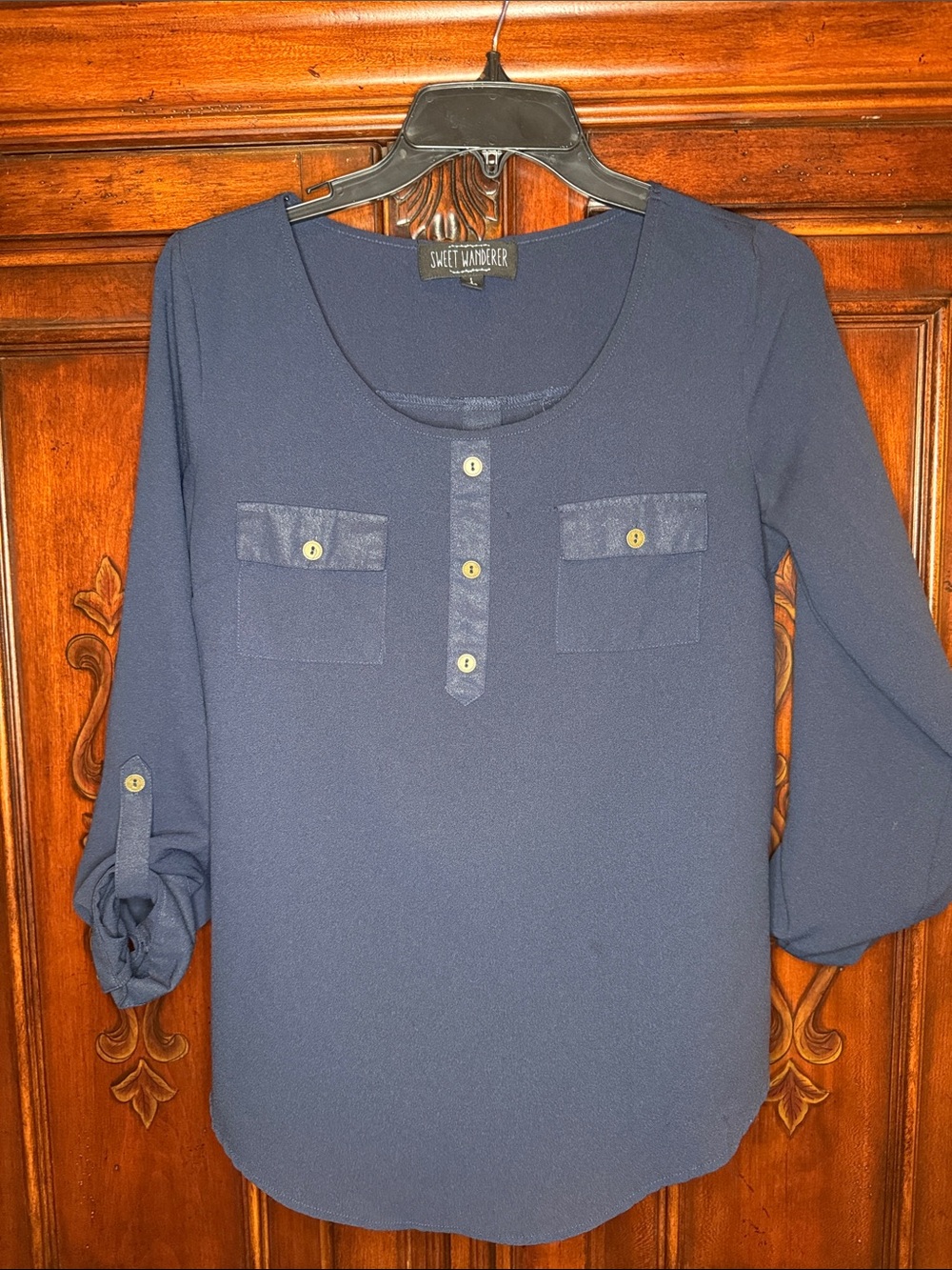 Sweet Wanderer Navy Button-Front Tunic Top